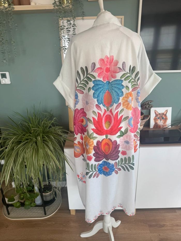Magnifique robe chemise coton effet lin blanc fleuris multicouleurs taille 42/46 grande taille - photo numéro 5