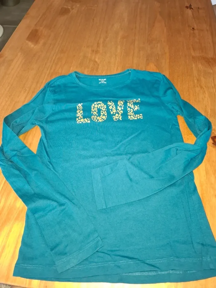 T-shirt manches longues bleu vert Kiabi 10 ans