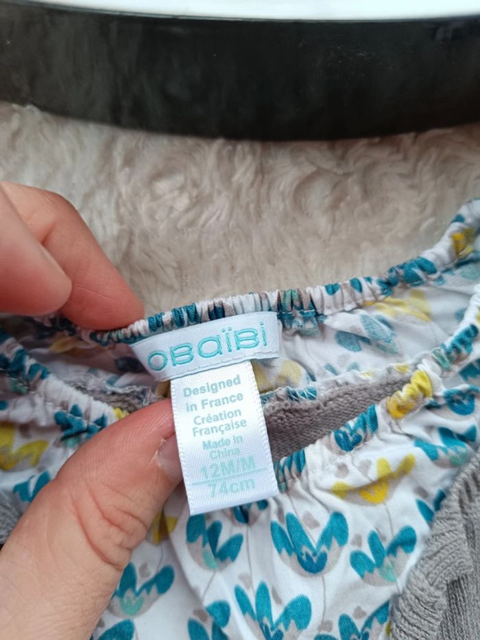 Tunique manches longues style gilet Fille 12 mois fleurs Obaïbi 100% coton - photo numéro 5