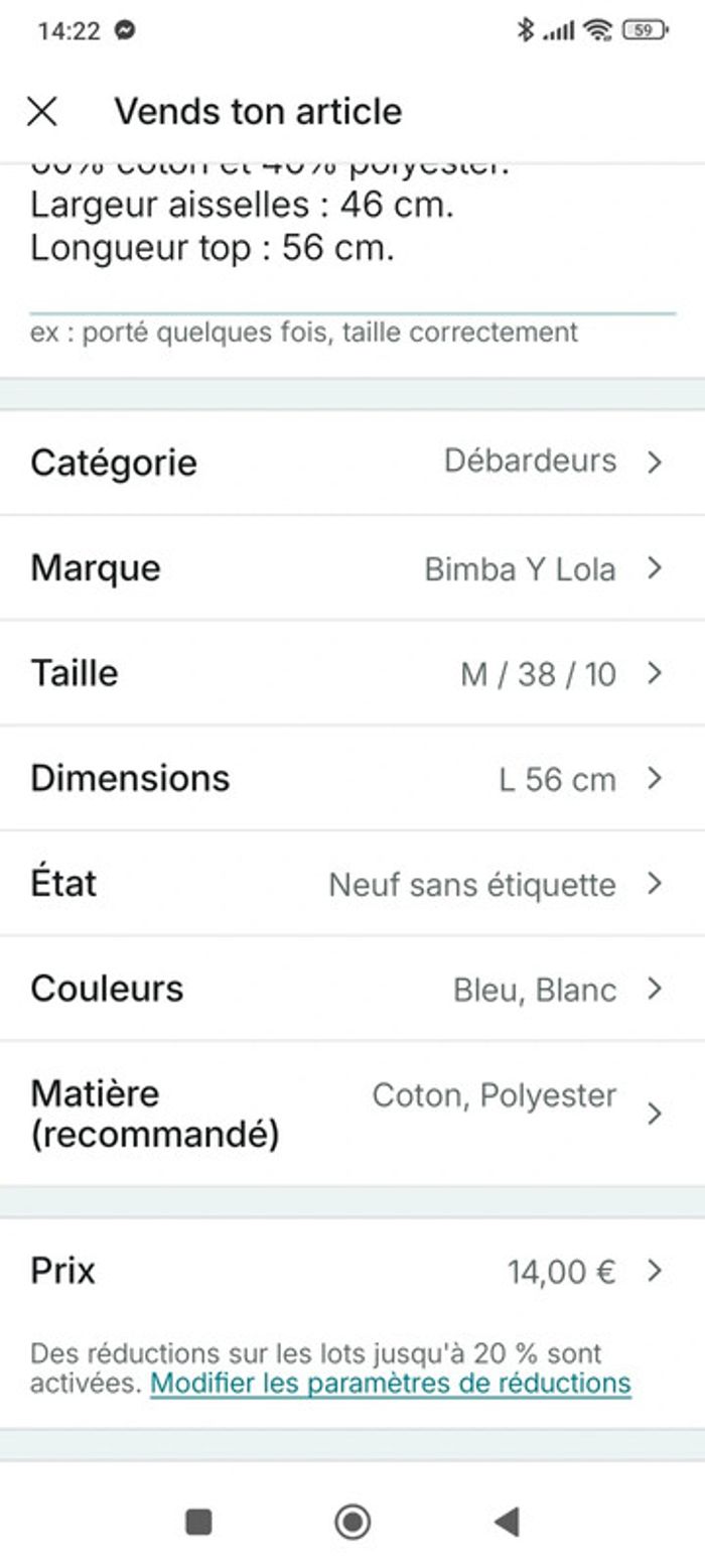 Top été débardeur Bimba Y Lola blanc et bleu M très léger, agréable à porter - photo numéro 12