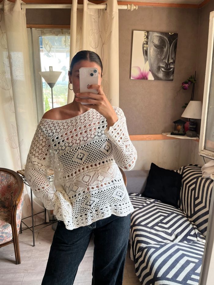Top maille filet Ibiza vintage bohème champêtre hippie y2k 2000yer asymétrique - photo numéro 3