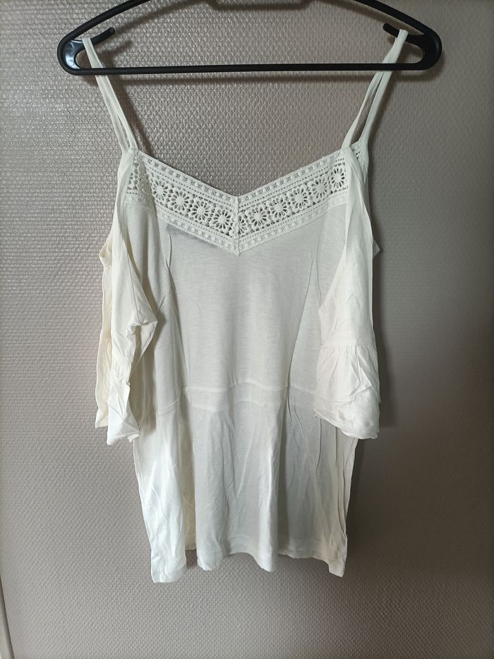 blouse blanc épaules dénudées dentelle broderie