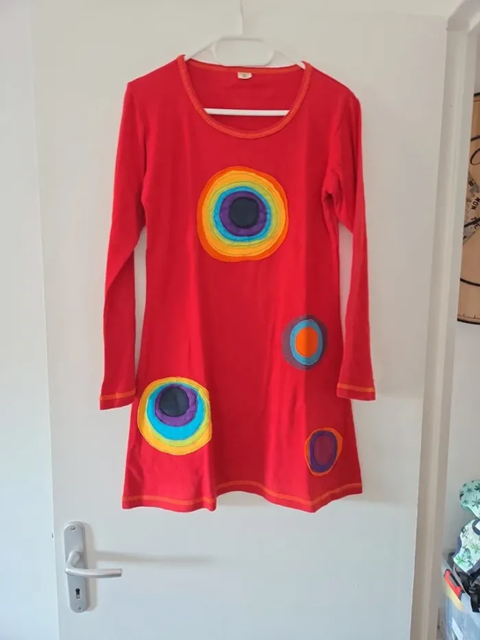 Robe Tunique femme manche longue rouge motifs coloré 100% coton TBE taille XL