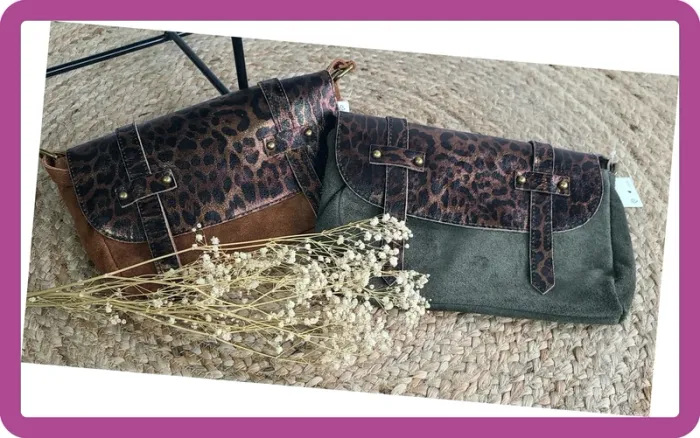 Sac bandoulière à rabat en cuir daim et cuir irisé, Cognac, NEUF avec étiquette - photo numéro 2