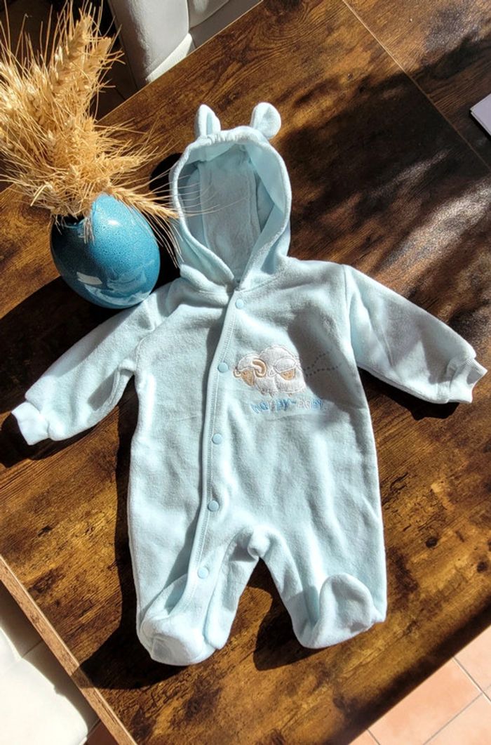 Mignonne combinaison Vintage combi-pilote à capuche bleu ciel matière polaire 3mois - photo numéro 3