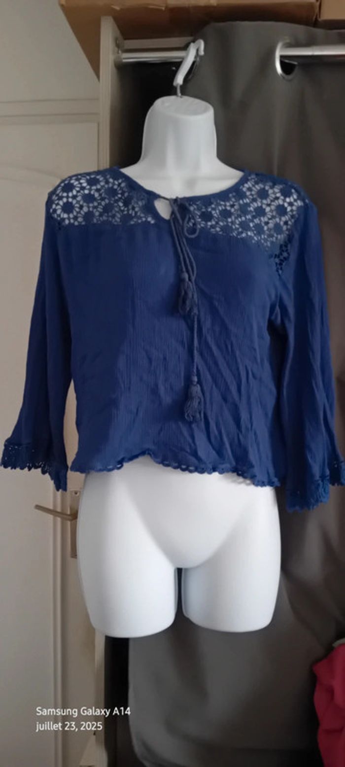 Blouse courte manches pagodes avec dentelle tissus plissé lien à pampilles bleu femme L - photo numéro 8
