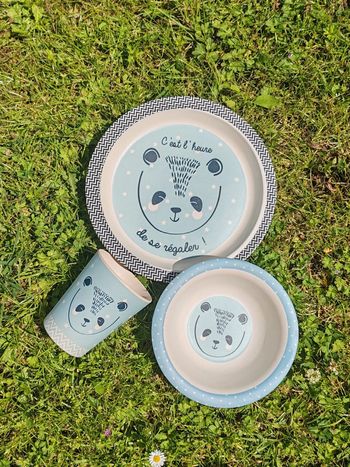 Set de vaisselle enfant panda bleu