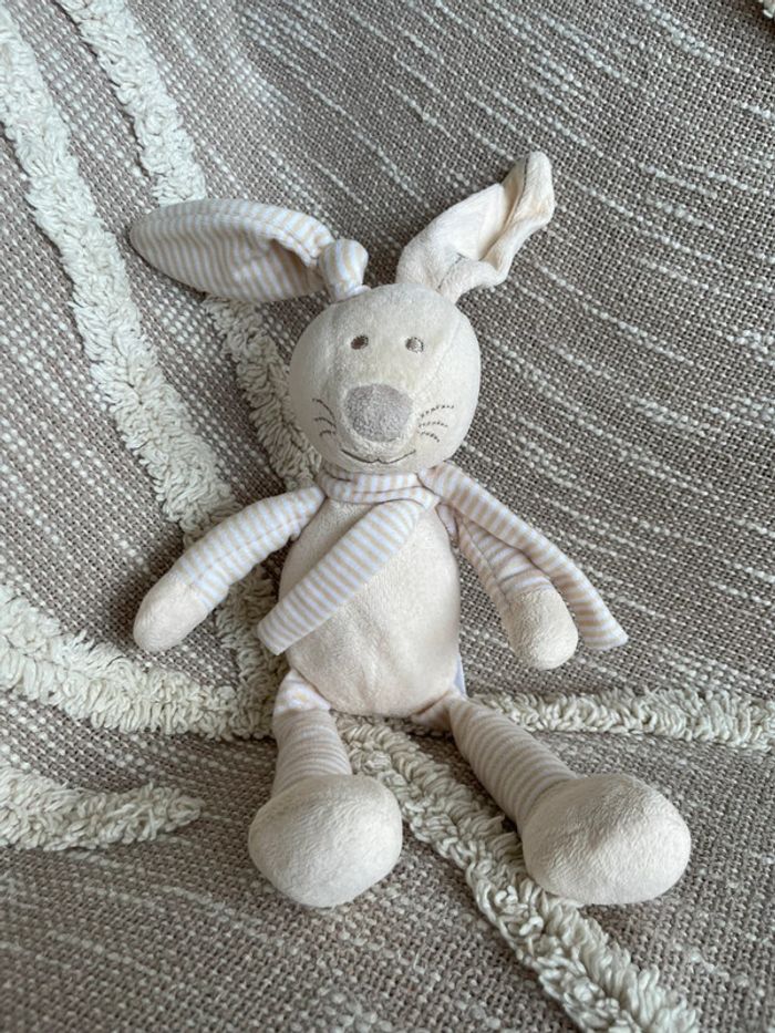 Peluche doudou 27cm gemo lapin beige blanc rayé très bon état