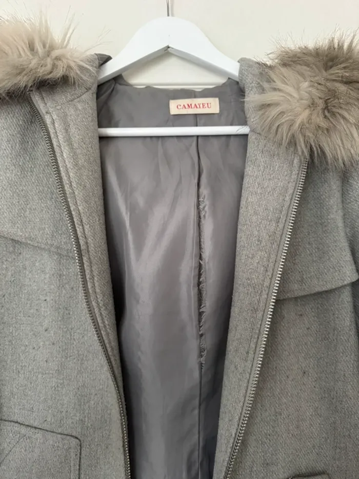 Manteau mi long hiver capuche fourrure gris - photo numéro 3