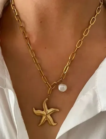 Collier pendentif en acier inoxydable pour femme, grande étoile de mer, perle d’eau douce naturelle