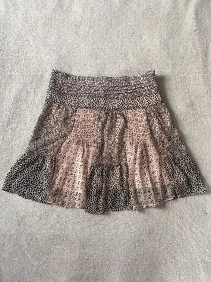 Jupe fluide d'été doublée motifs fleurs colorées rose abricot ceinture élastique