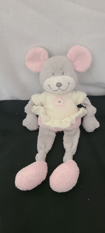 Doudou souris gris blanc fleur rose NICOTOY