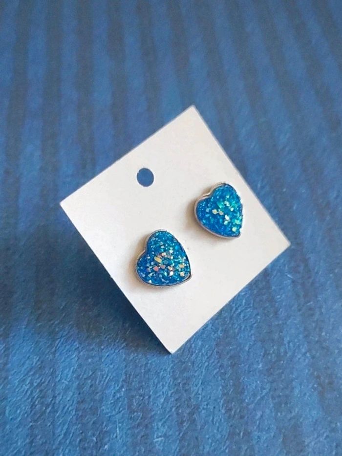 Boucles puces d'oreilles coeur strass bleu inox 🇨🇵 Fabrication Artisanale - Ø 12mm - photo numéro 2