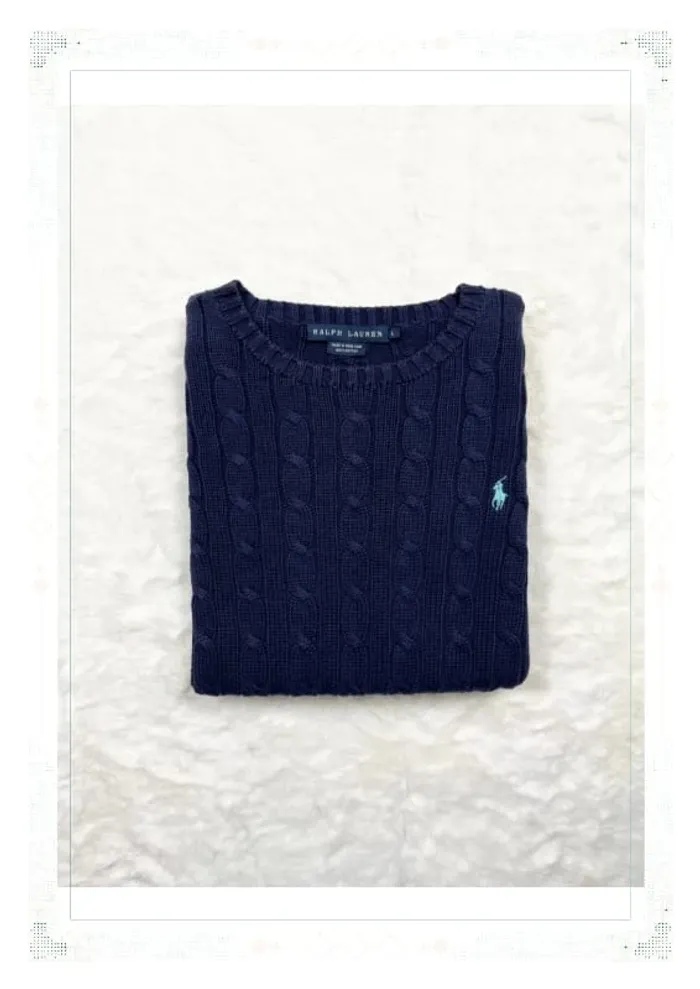 Ralph Lauren pull femme coton torsadé bleu marine col rond taille L - photo numéro 11