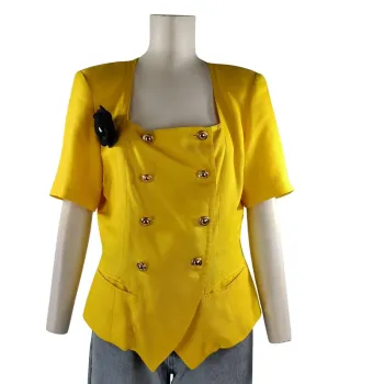 Veste jaune satinée Ted Lapidus Paris boutons dorés et fleur noire T42 A1186