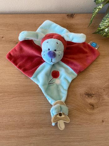 Doudou plat chien bleu rouge bordeau ballon attache sucette tex neuf