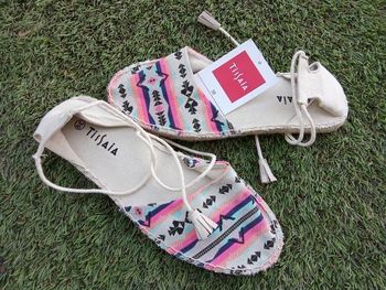 Chaussures espadrille tissaia femme été neuves avec étiquette, taille  39, donc mi saison, été, étiquette, espadrilles, rose, blanc, motifs, neuves