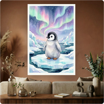Affiche murale "Pingouin Aurores Boréales" poster animal polaire déco A3 Sans cadre