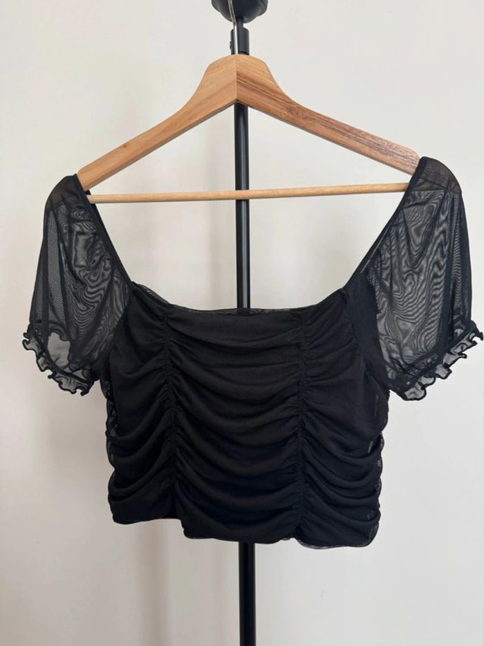 Top court à volants en tulle épaule nue noir M H&M - photo numéro 5