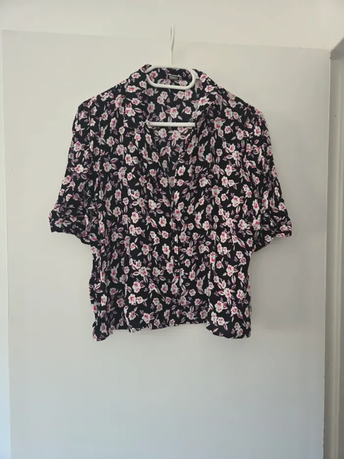 Chemisier blouse manche 3/4 femme fleuris noir TBE taille 42 pimkie