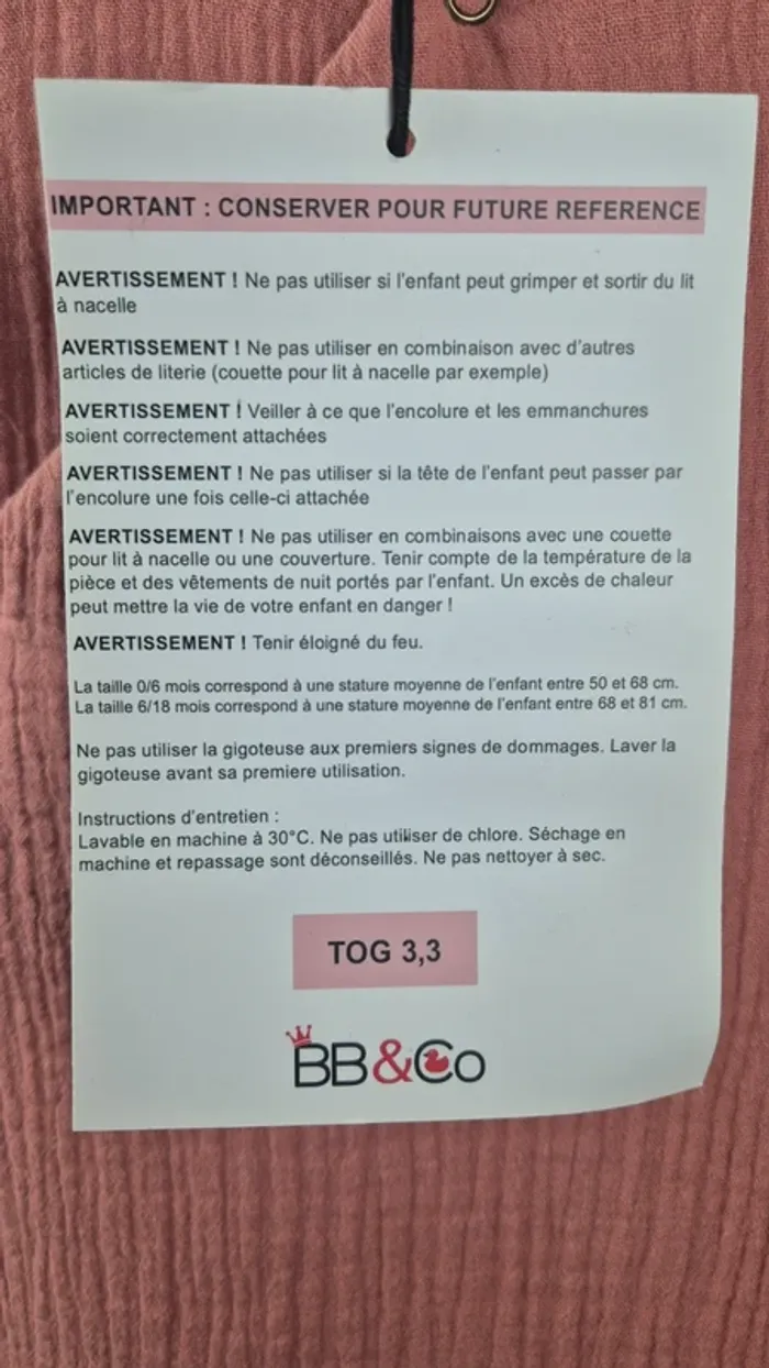 Gigoteuse BB&Co – 0/6 mois – TOG 3.3 – Rose Terre Cuite - A9 - photo numéro 6
