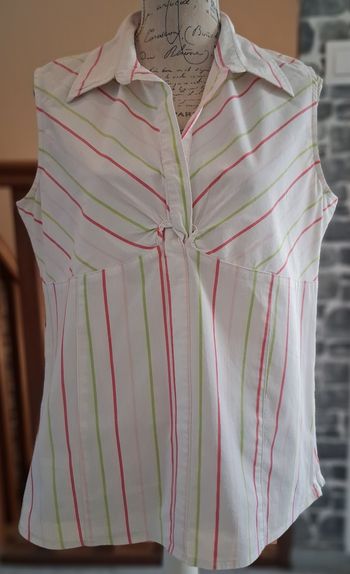 Blouse grande taille sans manches blanche rayée verte et rose