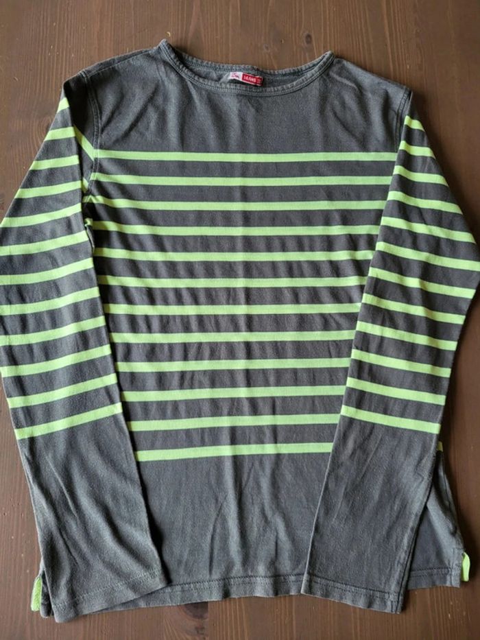 Tee shirt manches longues rayé gris vert Dpam 14 ans