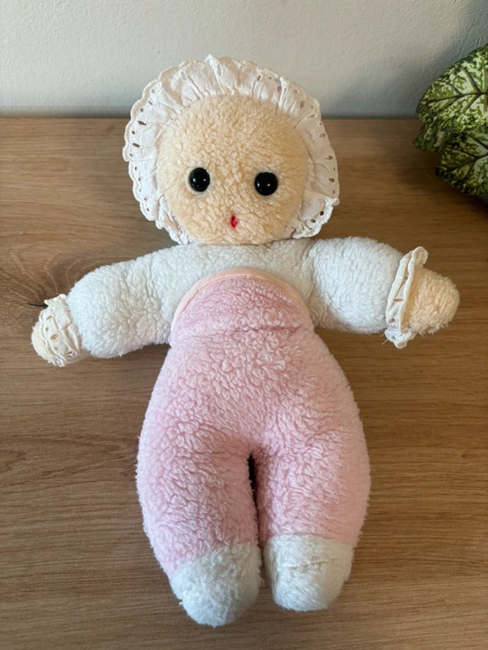 Peluche vintage poupée blanc rose nounours 29 cm
