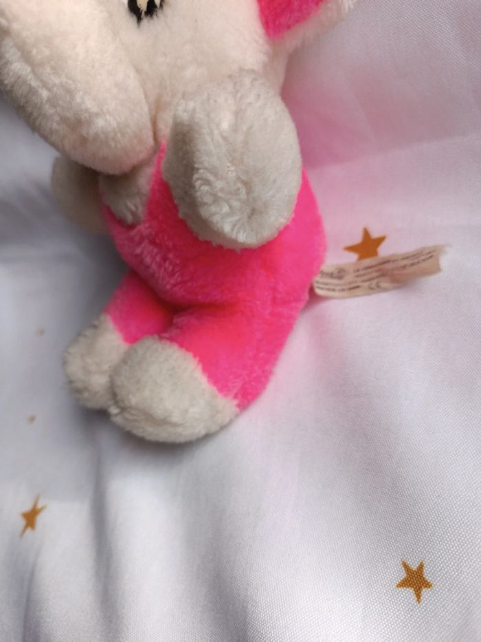 Petite petit small peluche plush Teddy éléphant rose fluo pink bouclette boulgom easy vintage blanc - photo numéro 8
