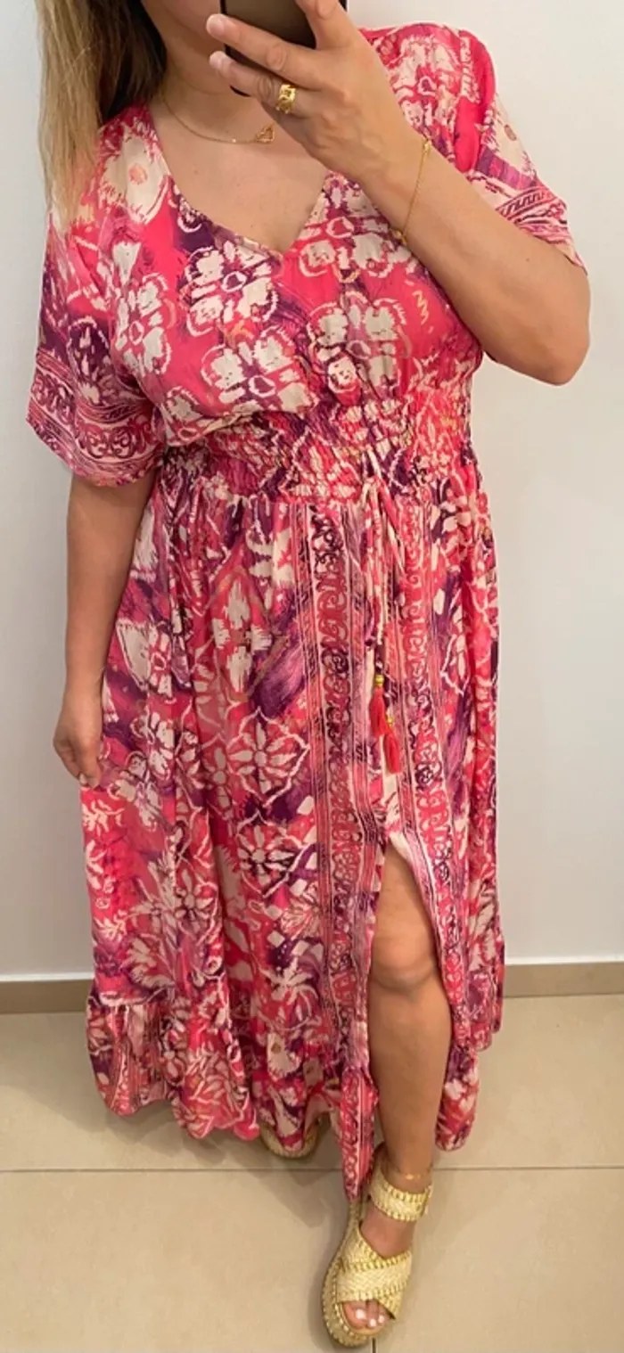 Jolie Robe Longue Fendu Imprimée Taille Unique