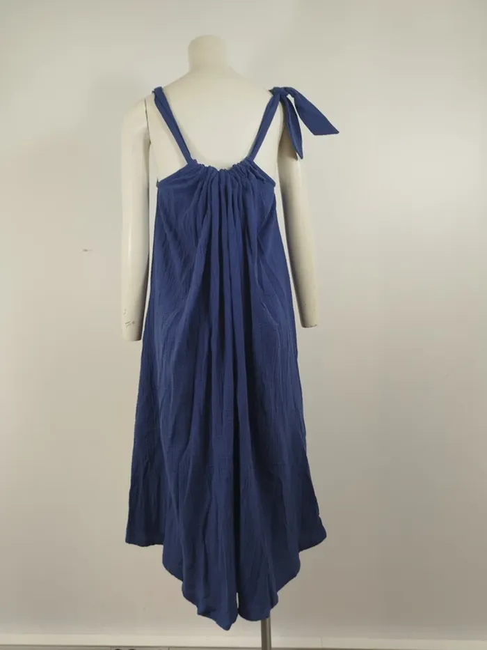 Robe longue Quintessence bleue gaze de coton made in France taille unique bretelles nouées A1615 - photo numéro 8