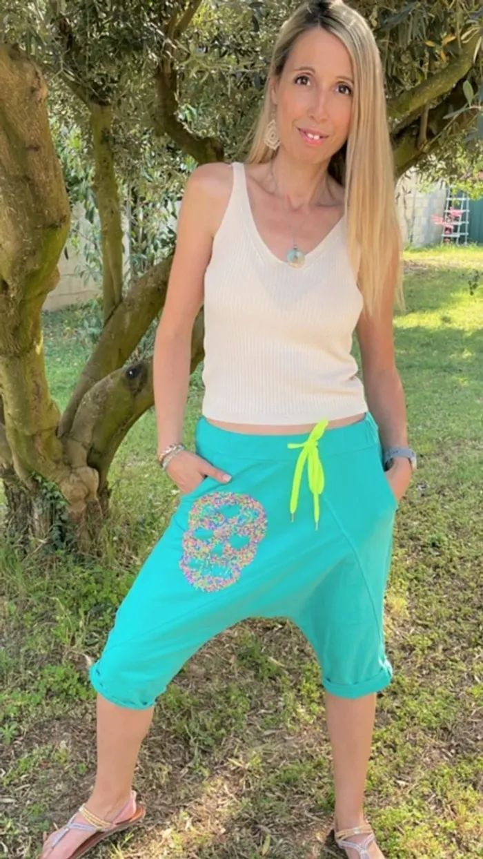 Short bohème avec skull bleu vert et multicolore Taille unique