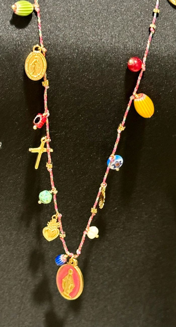 Collier sautoir habaha Paris cordon tressé pampilles perles cœur médaille vierge - photo numéro 9