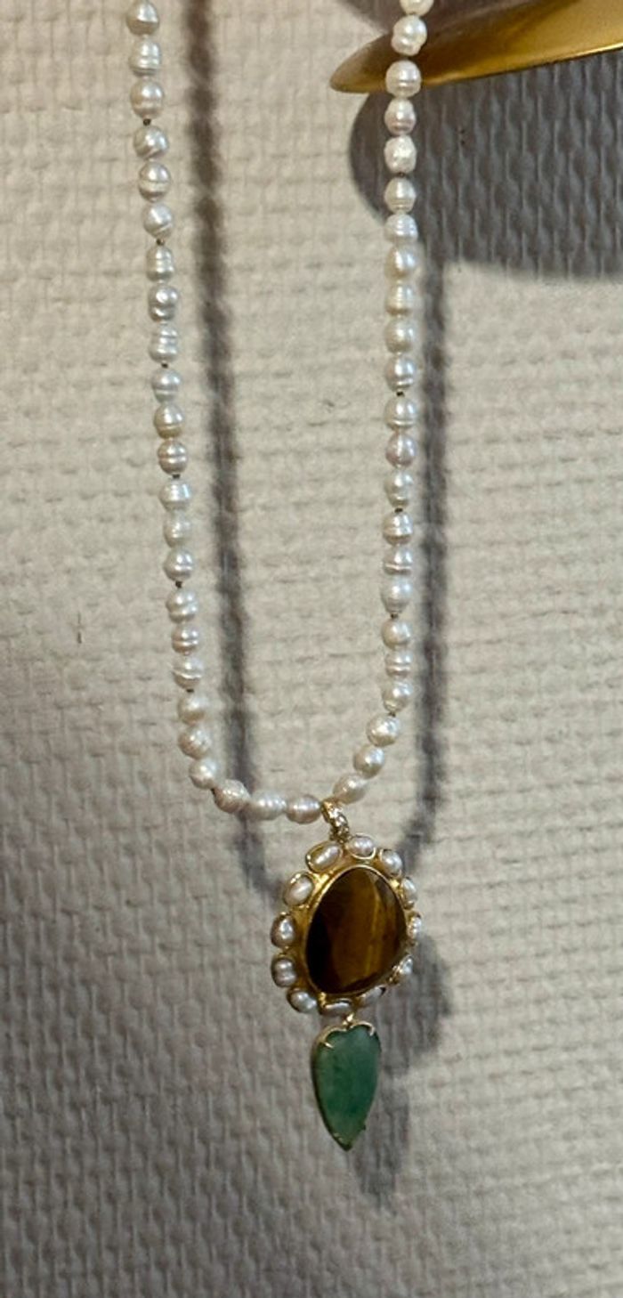 Sautoir habaha Paris perles d’eaux douces véritables amazonite œil de tigre rare - photo numéro 4