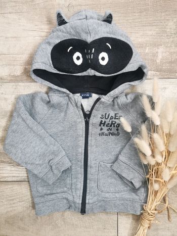 🌺Veste gilet capuche 18mois gris noir raton laveur super hero bébé garçon