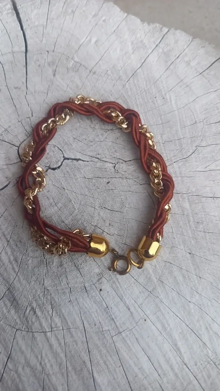 Bracelet vintage doré et cuir - photo numéro 2