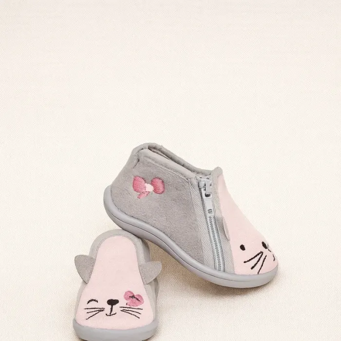 💚Chaussons bébé fille – motif chat – gris et rose – avec fermeture zip – T. 20