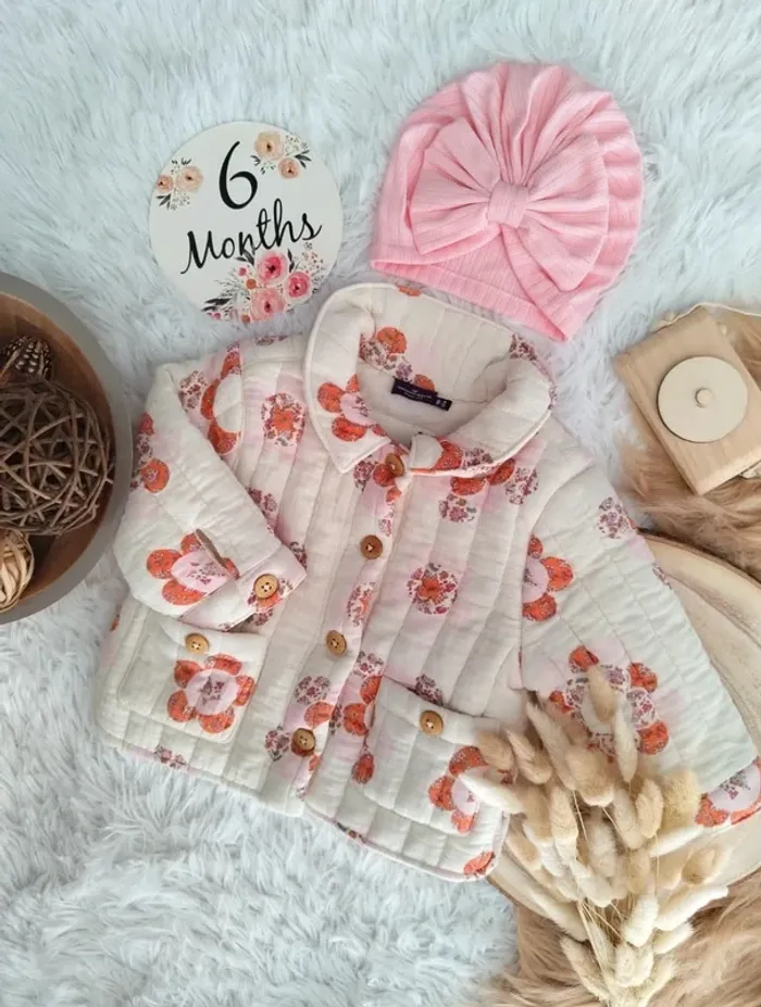Manteau molleton épais fleuri et turban sergent major fille 6 mois 🎀 - photo numéro 2