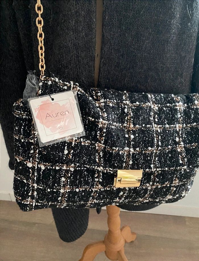 Grand sac à main noir à bandoulière effet tweed noir à carreaux Easyclothes Neuf avec étiquette - photo numéro 2