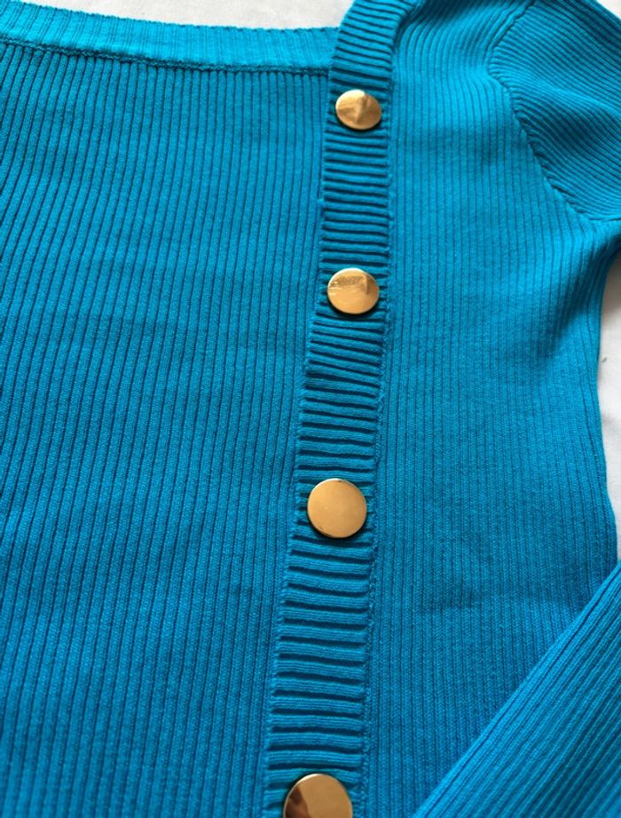 Top manche longue col bardot bleu côtelé moulant taille unique - photo numéro 4