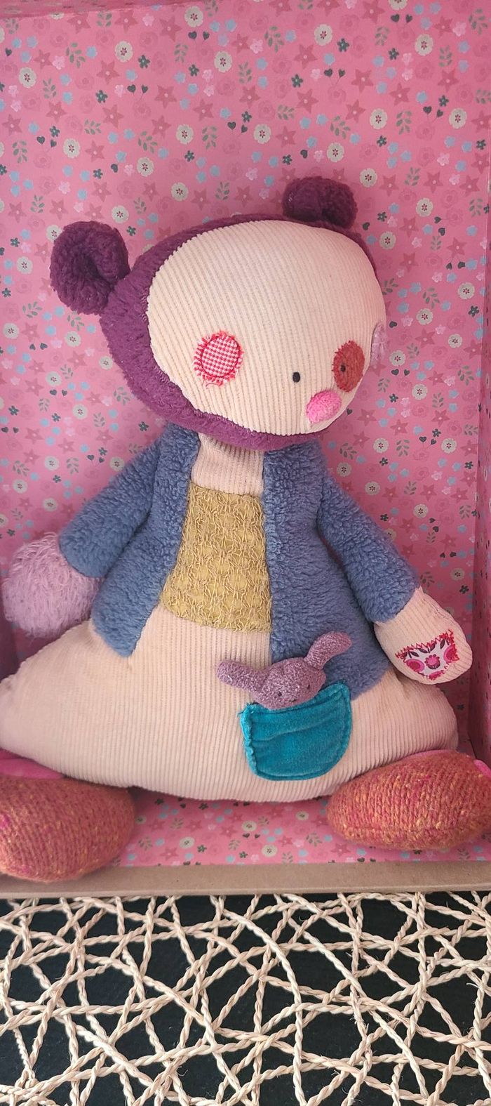 Moulin roty Famille Petitpas peluche souris violet marron vert doudou rayé Rose - photo numéro 3