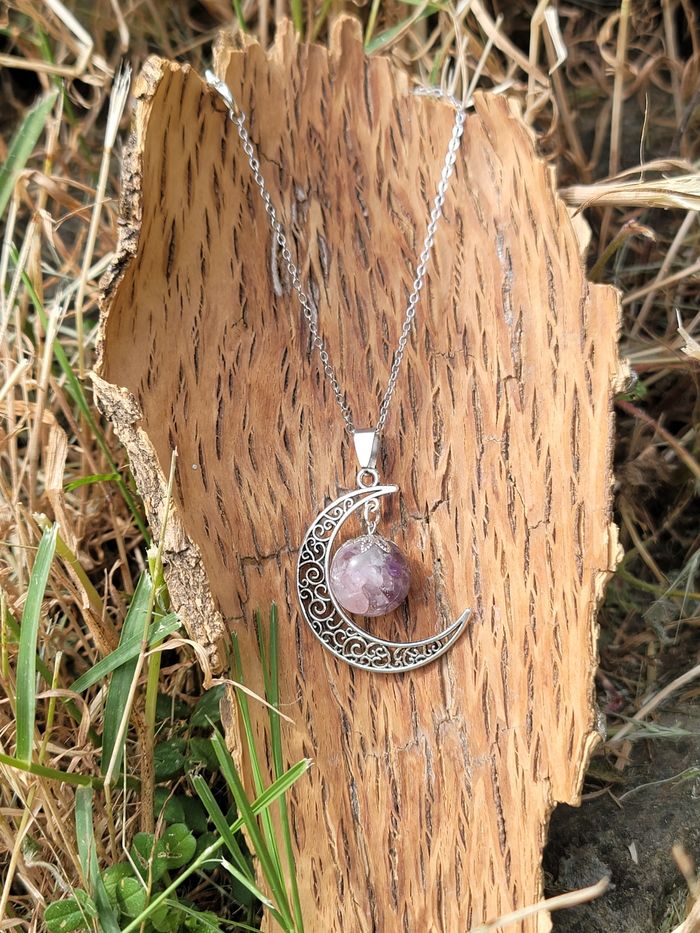 Collier lune Amour et Sagesse en Amethyste et Quartz rose fait main en acier inoxydable
