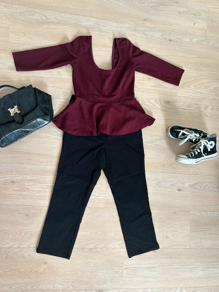 Ensemble femme pantacourt noir et top pelplum manches 3/4 bordeaux - photo numéro 4