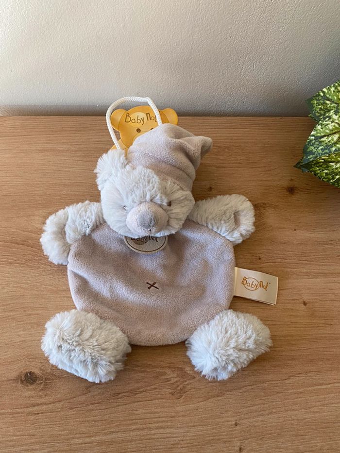 Doudou plat ours bonnet gris croix centre baby nat neuf
