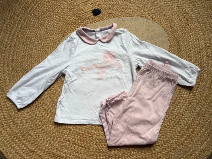 Pyjama 2 pièces blanc rose chat Obaibi 36 mois - photo numéro 2