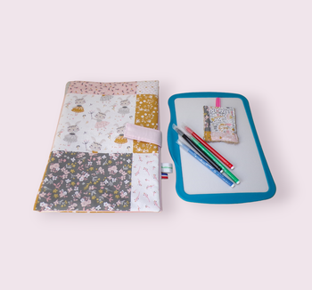 pochette range ardoise et crayons, effaceur offert, modèle patchwork tons roses