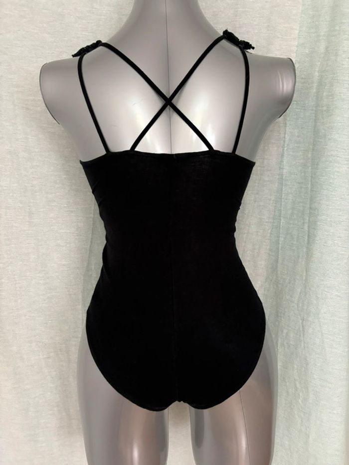 Body noir décolleté en dentelle et lacets avec bretelles au dos croisées XS - photo numéro 2