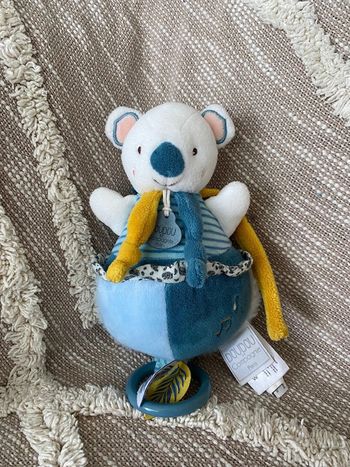 Peluche doudou et compagnie 20cm musical koala bleu vert jaune et blanc parfait état