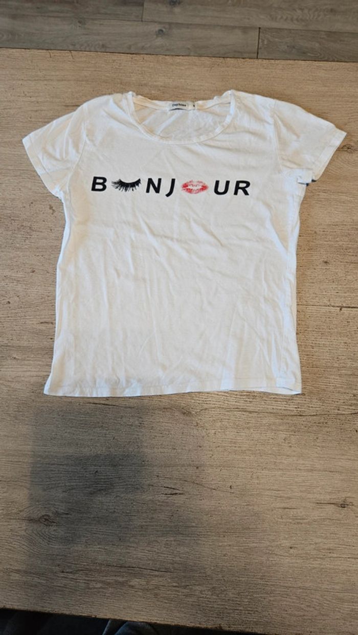T shirt femme blanc à manches courtes avec Bonjour, Daphnea, S, peu mis - photo numéro 2