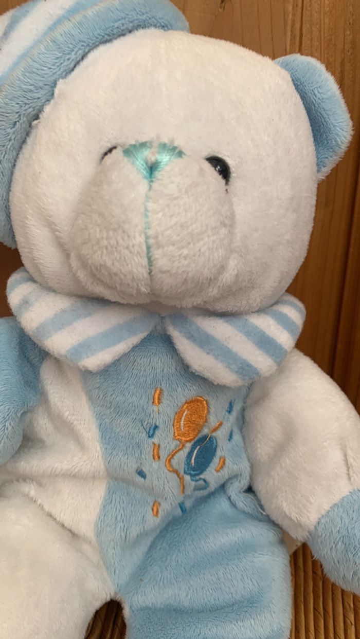 Peluche ourson avec bonnet bébé bleu blanc - photo numéro 2